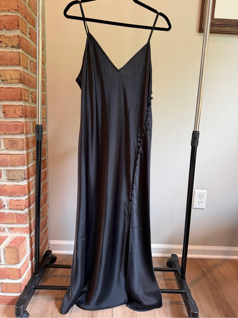 NWT Satin Slip Dress with Side Button Detail - Black - Picture 2 of 9